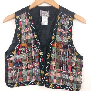 VTG JouJou Vest Women M Colorful Floral Embroidered Woven Patchwork Cropped Art